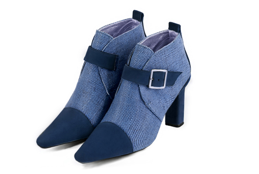 Navy blue women's ankle boots with buckles at the front. Tapered toe. High kitten heels. Front view - Florence KOOIJMAN